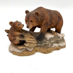 Vintage Adorable Mama Bear And Cub On Log Porcelain Home Decor Figurine